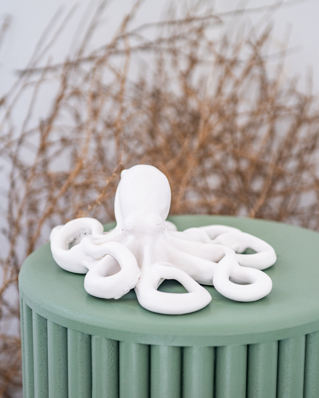Matt White octopus' figurine on a green surface with blurred natural background