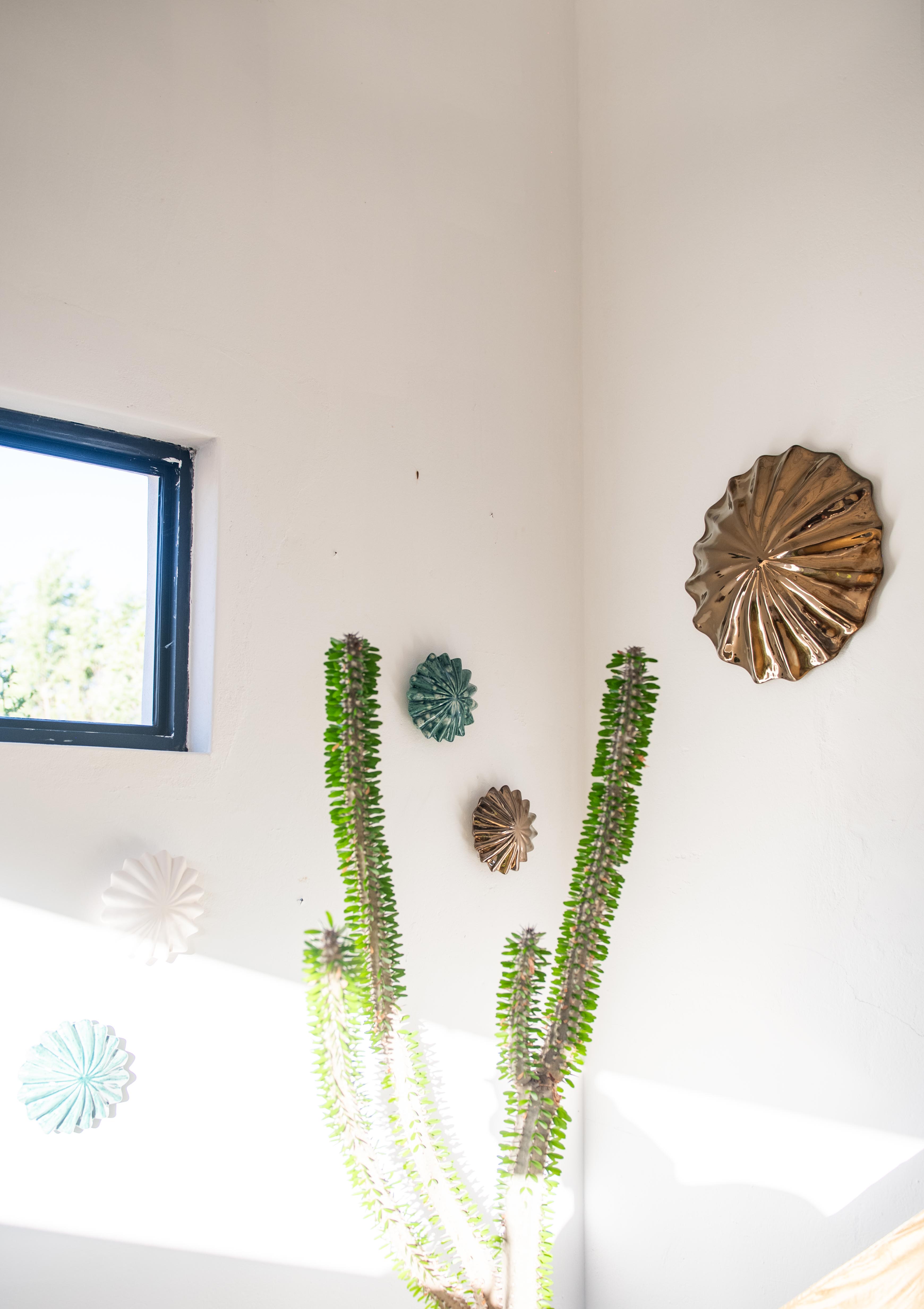 Decorative wall art with a cactus plant against a white wall.
