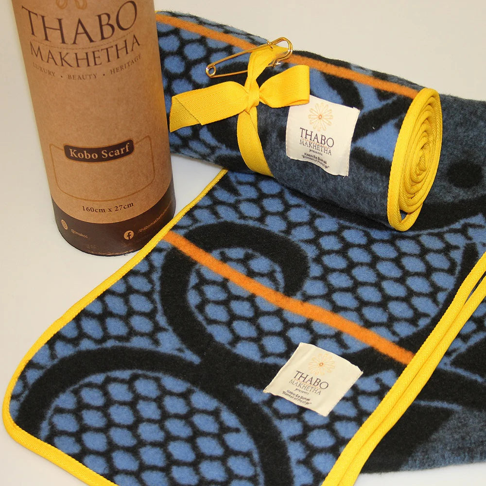 Kobo Scarf - Seana Marena Blue (Blue/Black with Mustard Yellow Line)