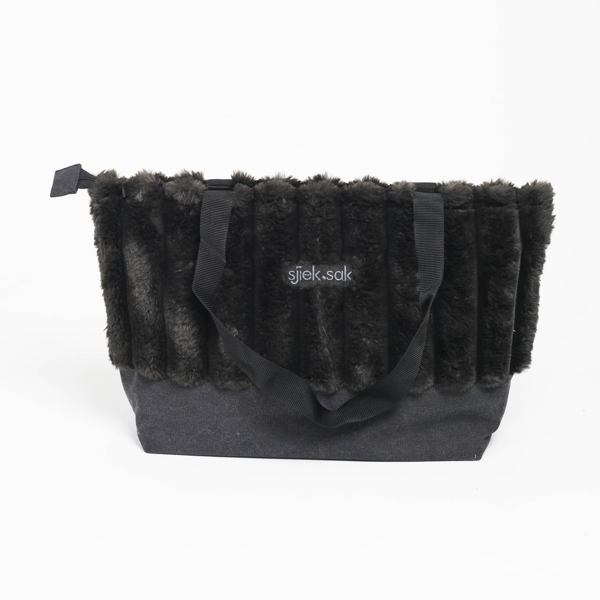 Black bag with fur-like texture on a white background