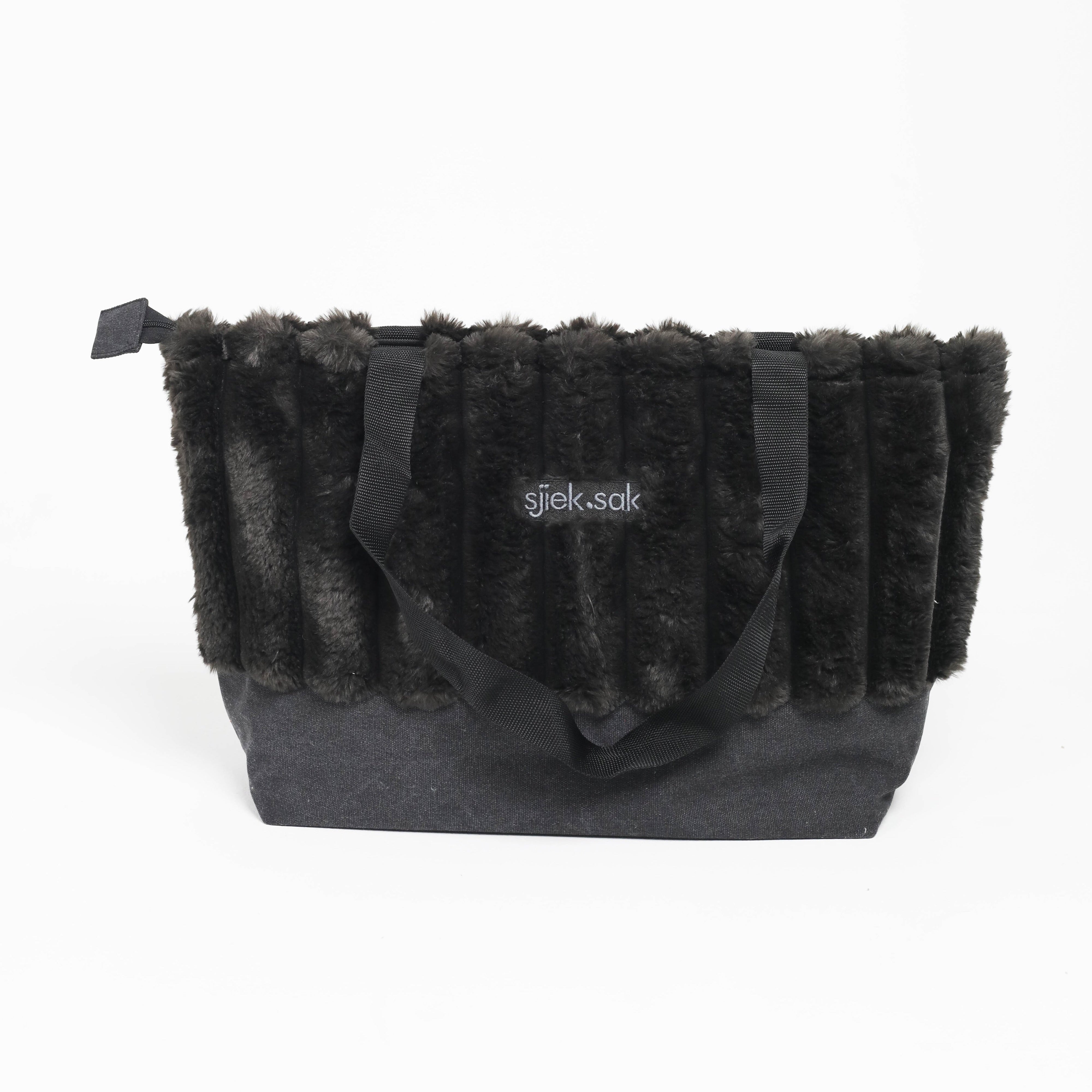Black bag with fur-like texture on a white background